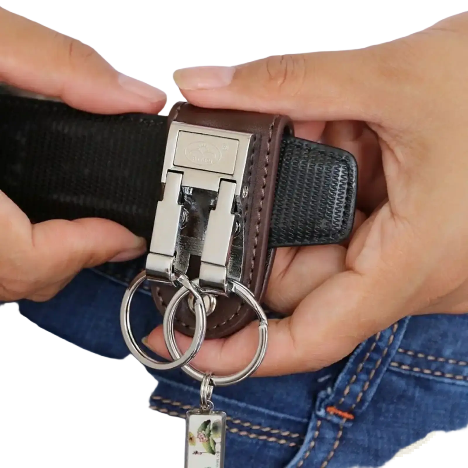 Brown leather keychain metal clip ring holder with silver-toned buckle and key ring attachment for secure carrying