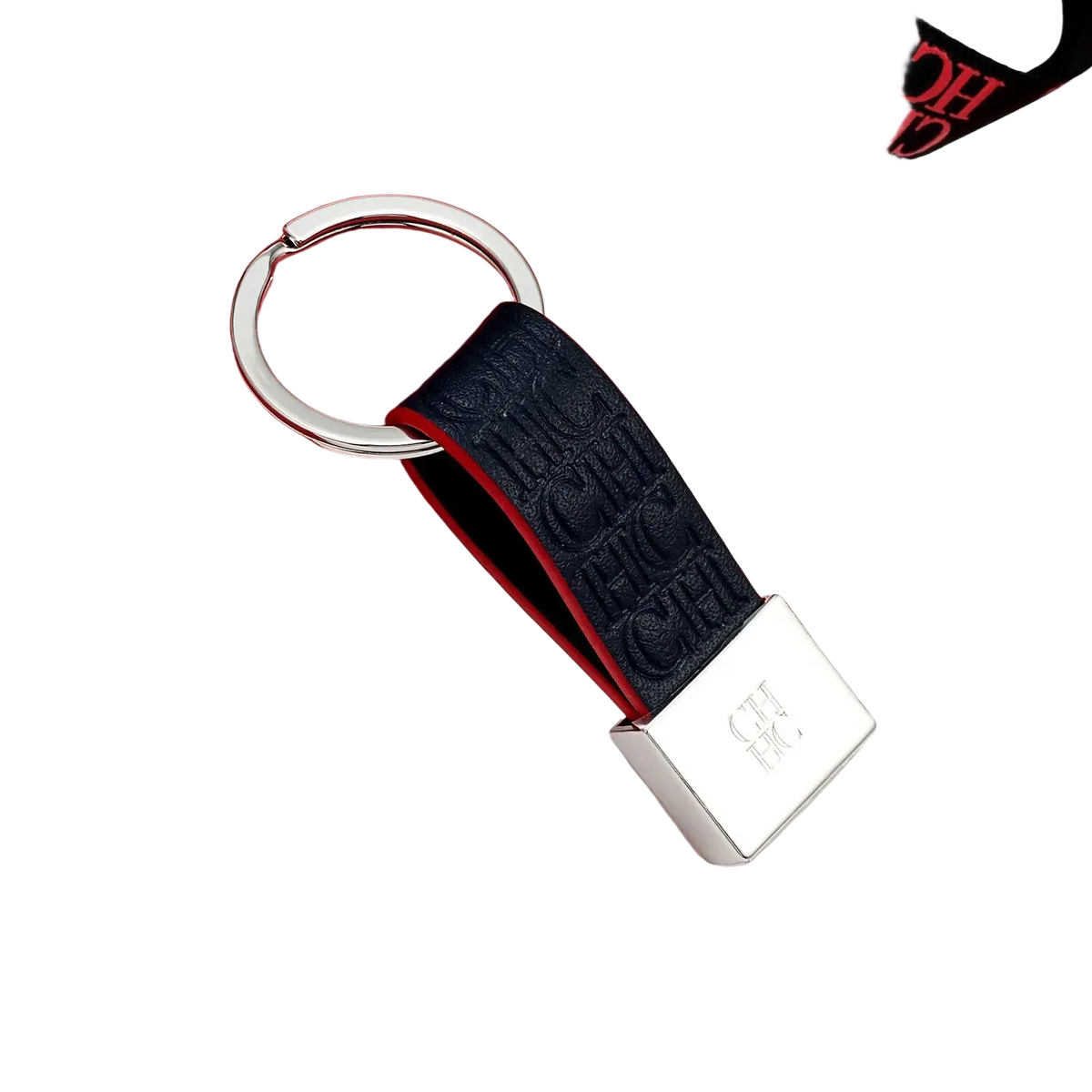 Black leather minimalist luggage accessory keychain with embossed hch logo and silver metal ring and plate