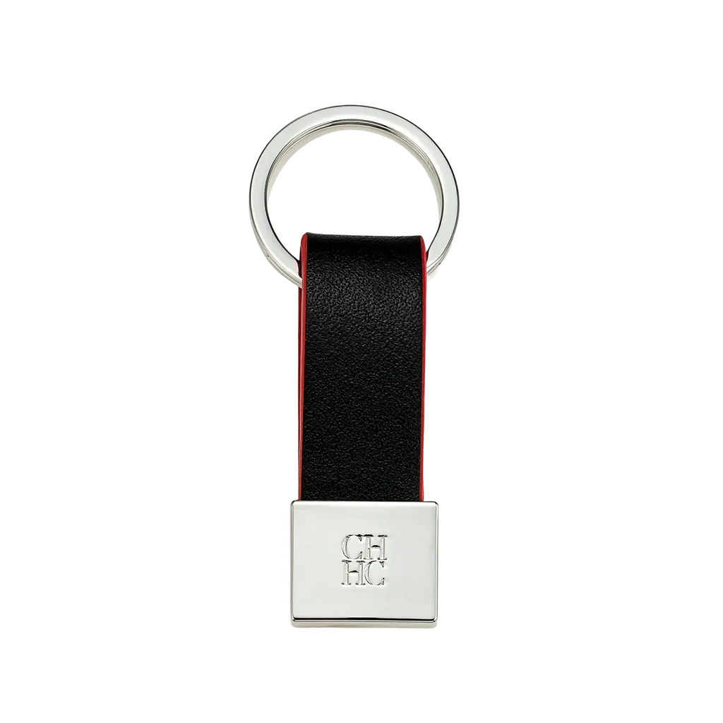 Black leather keychain with red stitching and silver plated ch hc logo plate minimalist luggage accessory
