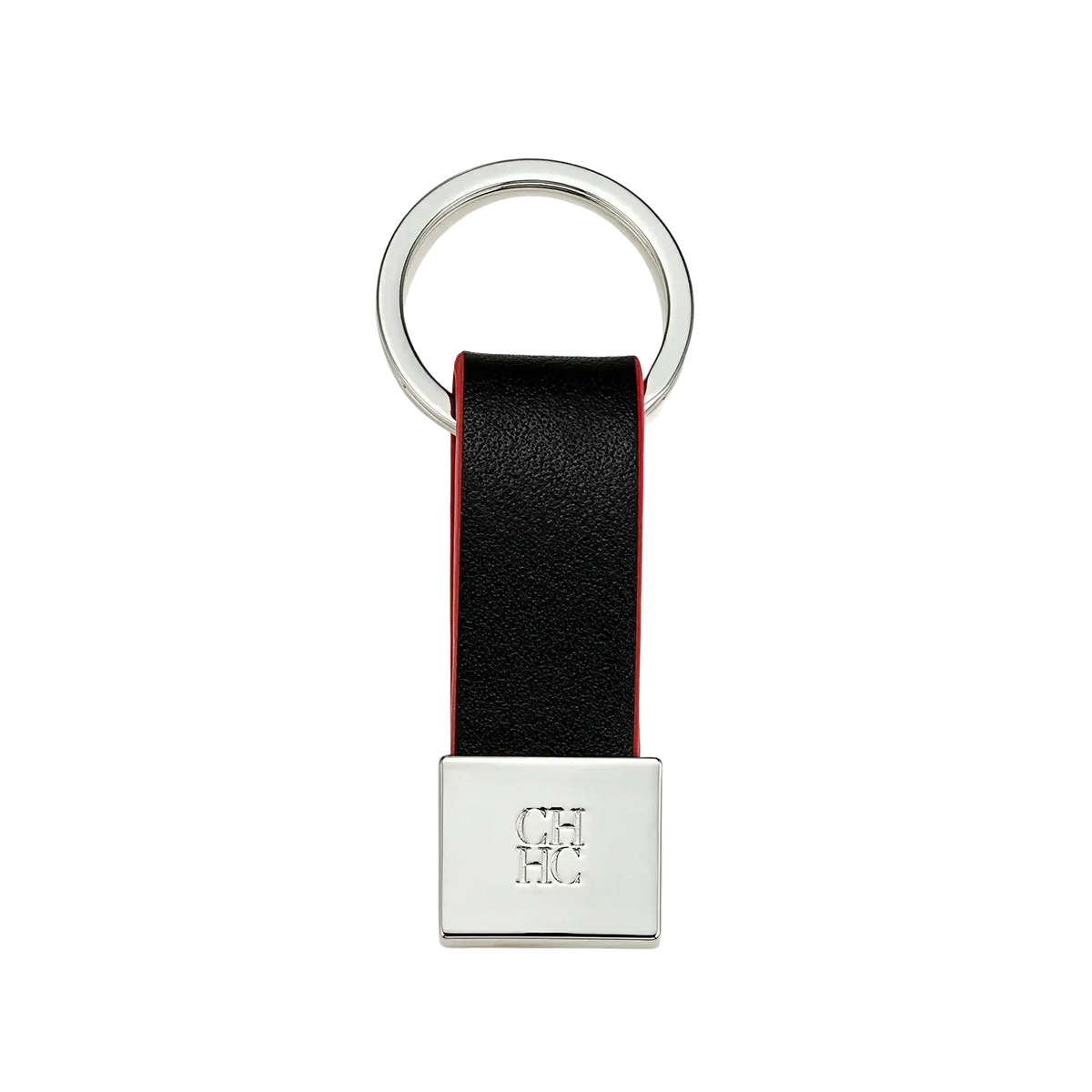 Black leather keychain with red stitching and silver plated ch hc logo plate minimalist luggage accessory