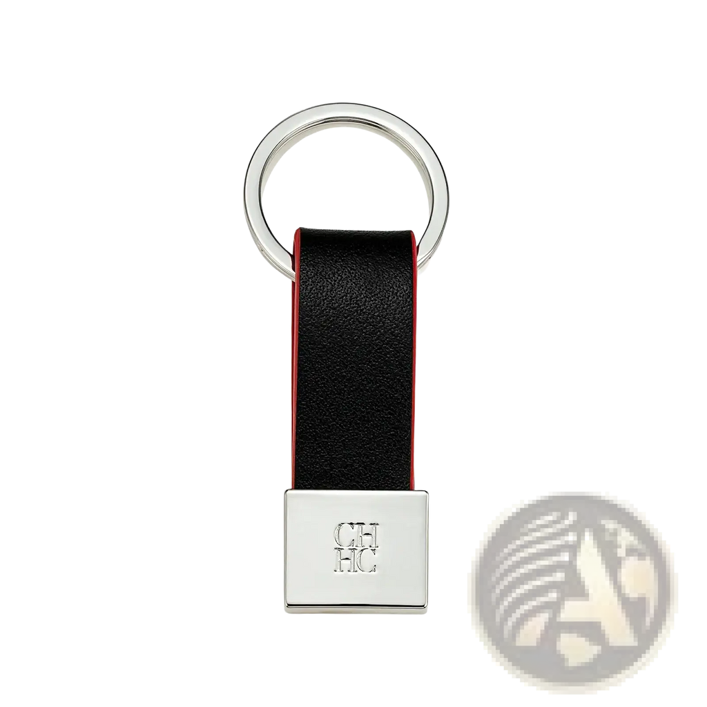 Black leather keychain with red stitching and silver plated ch hc logo plate minimalist luggage accessory