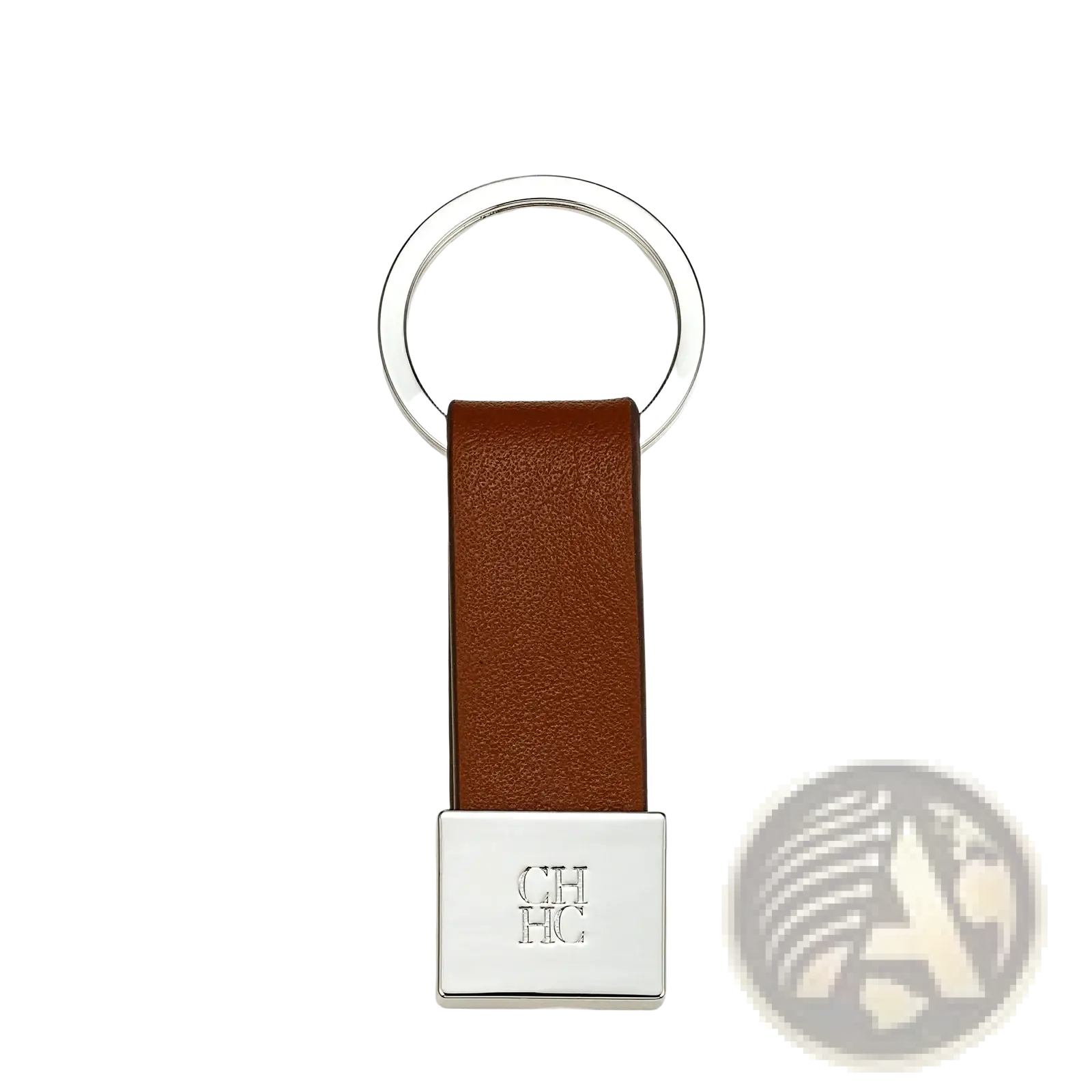 Brown leather keychain with silver metal ring and engraved square plate for minimalist luggage accessory