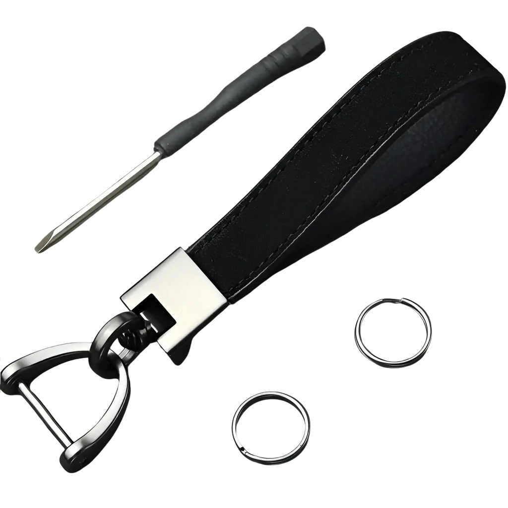Black leather keychain with silver-toned metal buckle and d-ring from multicolor leather keychains set metal clasp