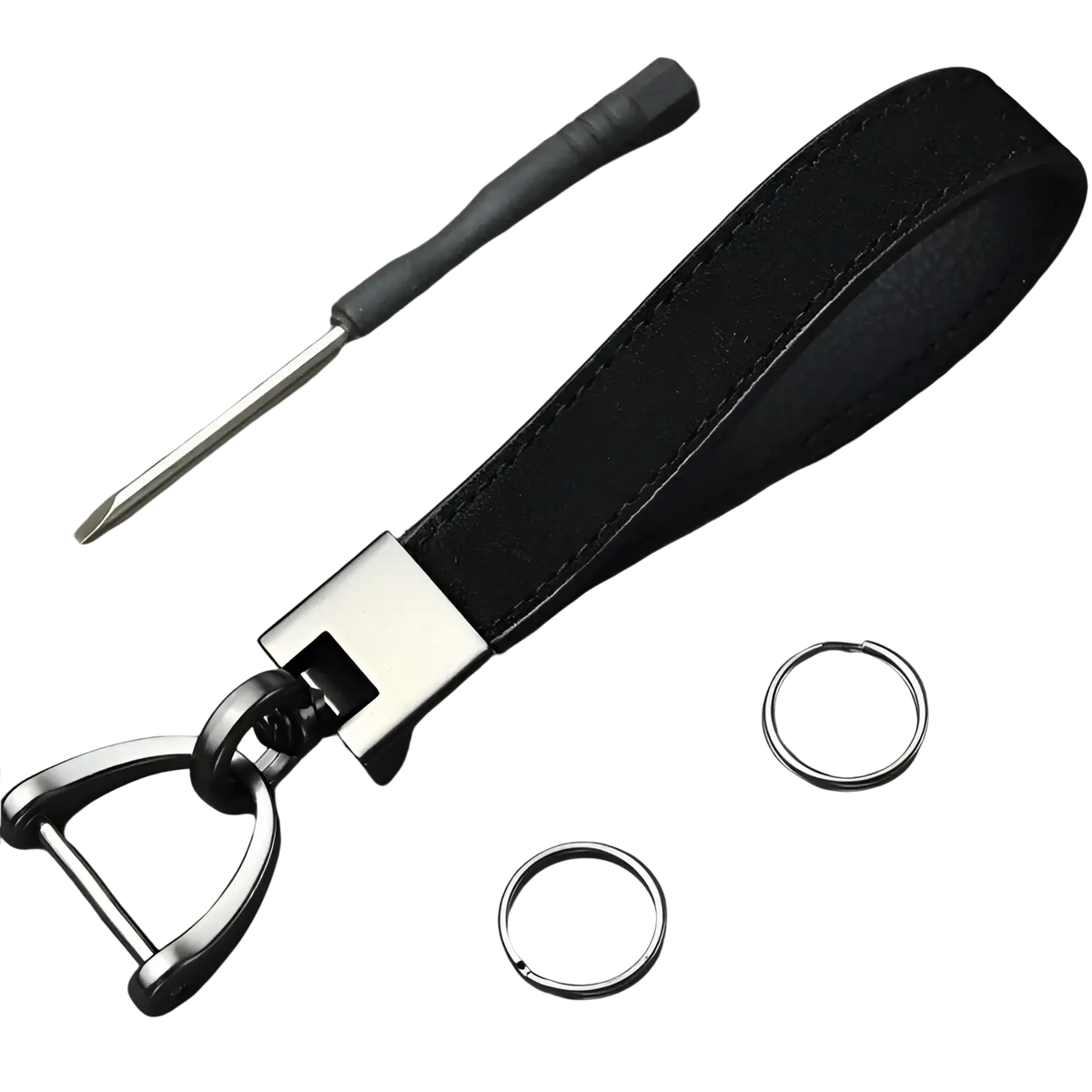 Black leather keychain with silver-toned metal buckle and d-ring from multicolor leather keychains set metal clasp
