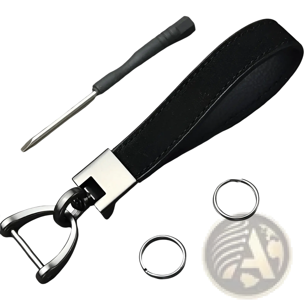 Black leather keychain with silver-toned metal buckle and d-ring from multicolor leather keychains set metal clasp