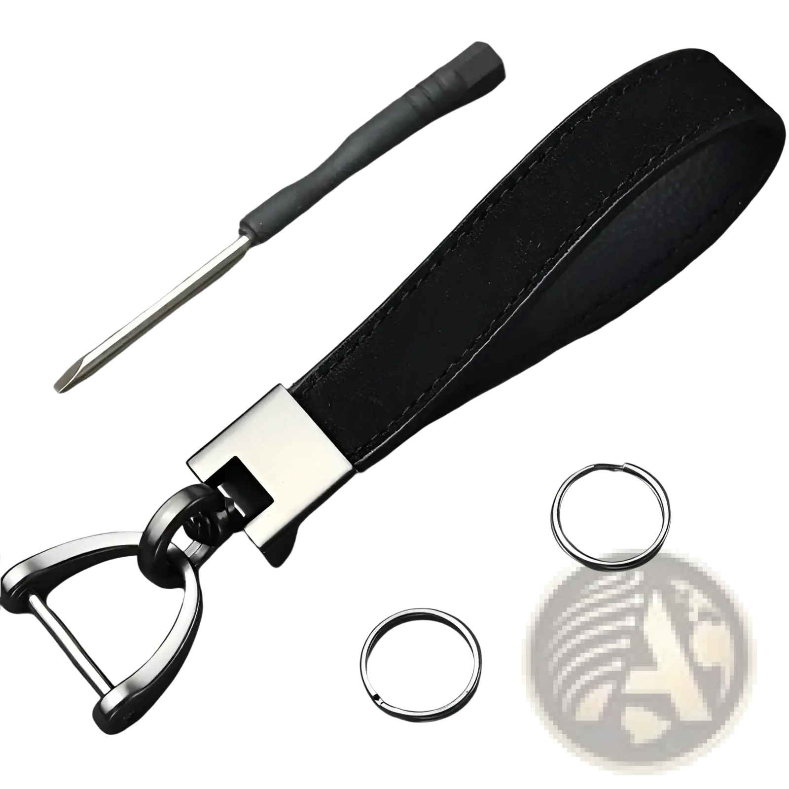Black leather keychain with silver-toned metal buckle and d-ring from multicolor leather keychains set metal clasp