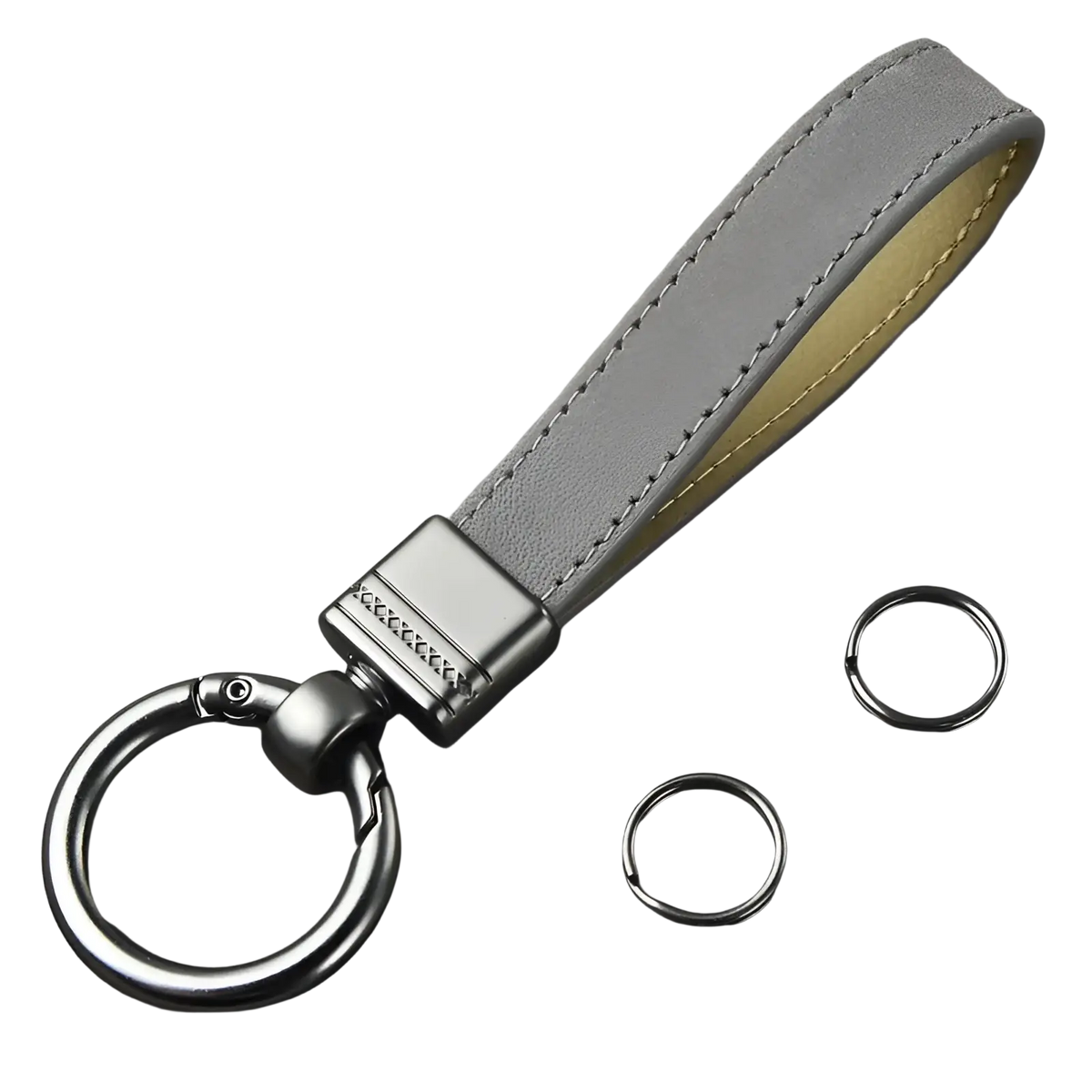 Gray suede leather key fob with yellow stitching and metallic clasp from multicolor metal clasp keychains set with rings