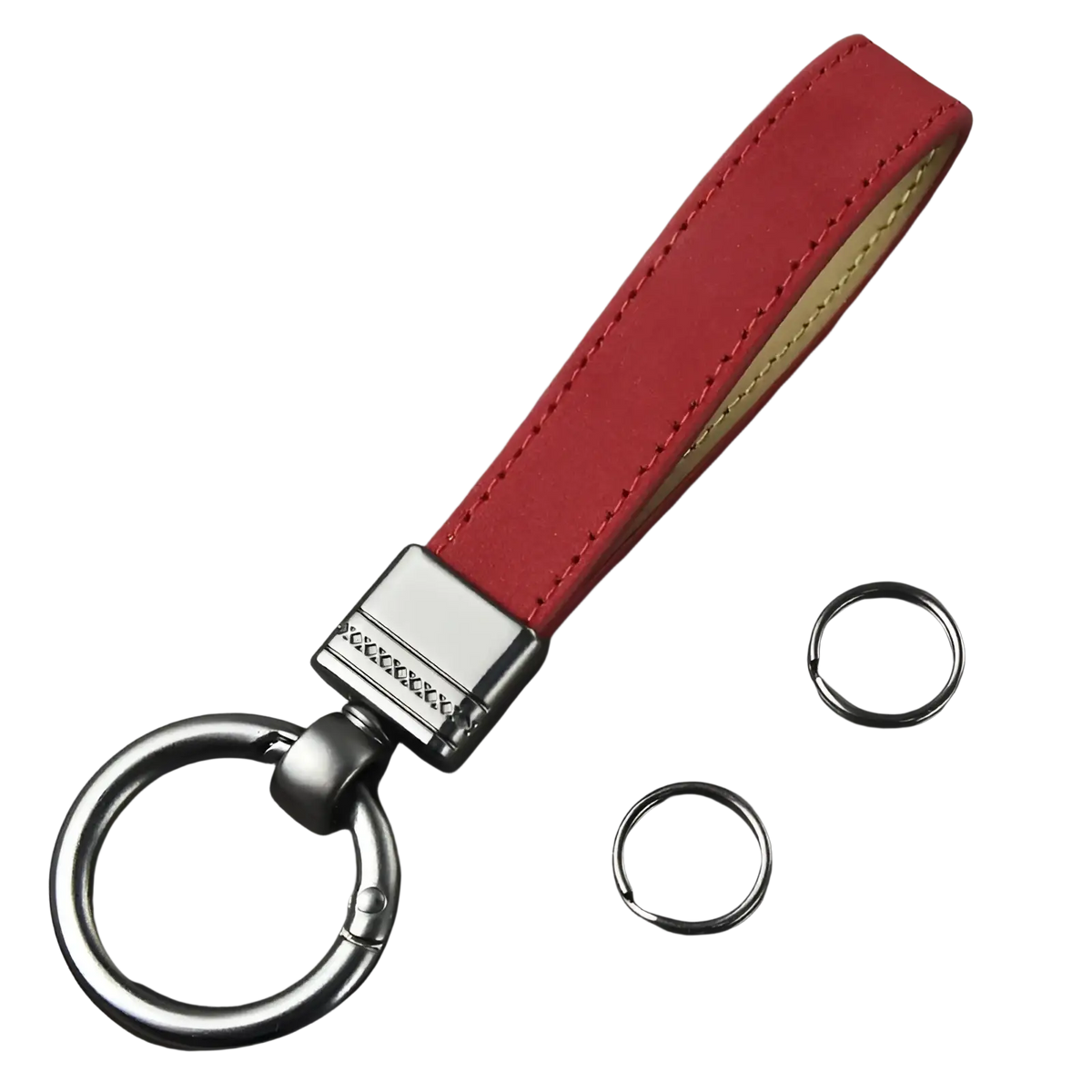 Red suede leather key fob with silver-toned metal clasp and ring from multicolor leather keychains set