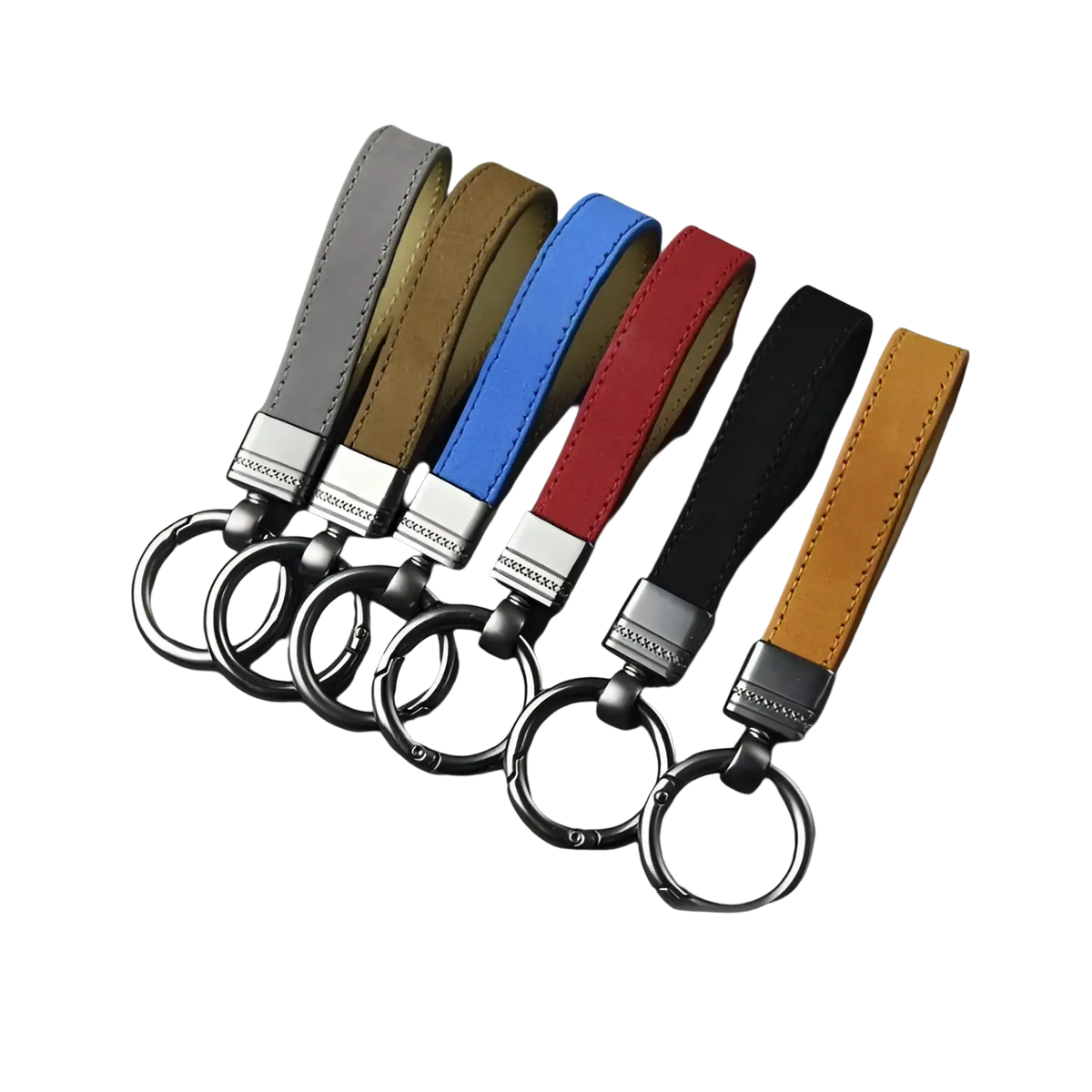A set of six leather keychains in gray, tan, blue, red, black, and mustard yellow with silver metal clasps