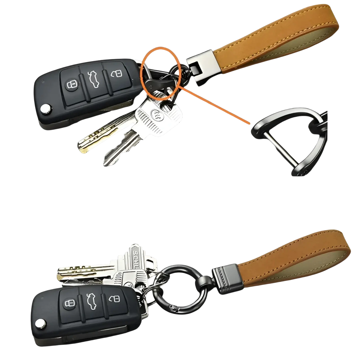 Tan leather keychain with silver metal clasp attached to audi car key fob from leather keychains set multicolor metal clasp