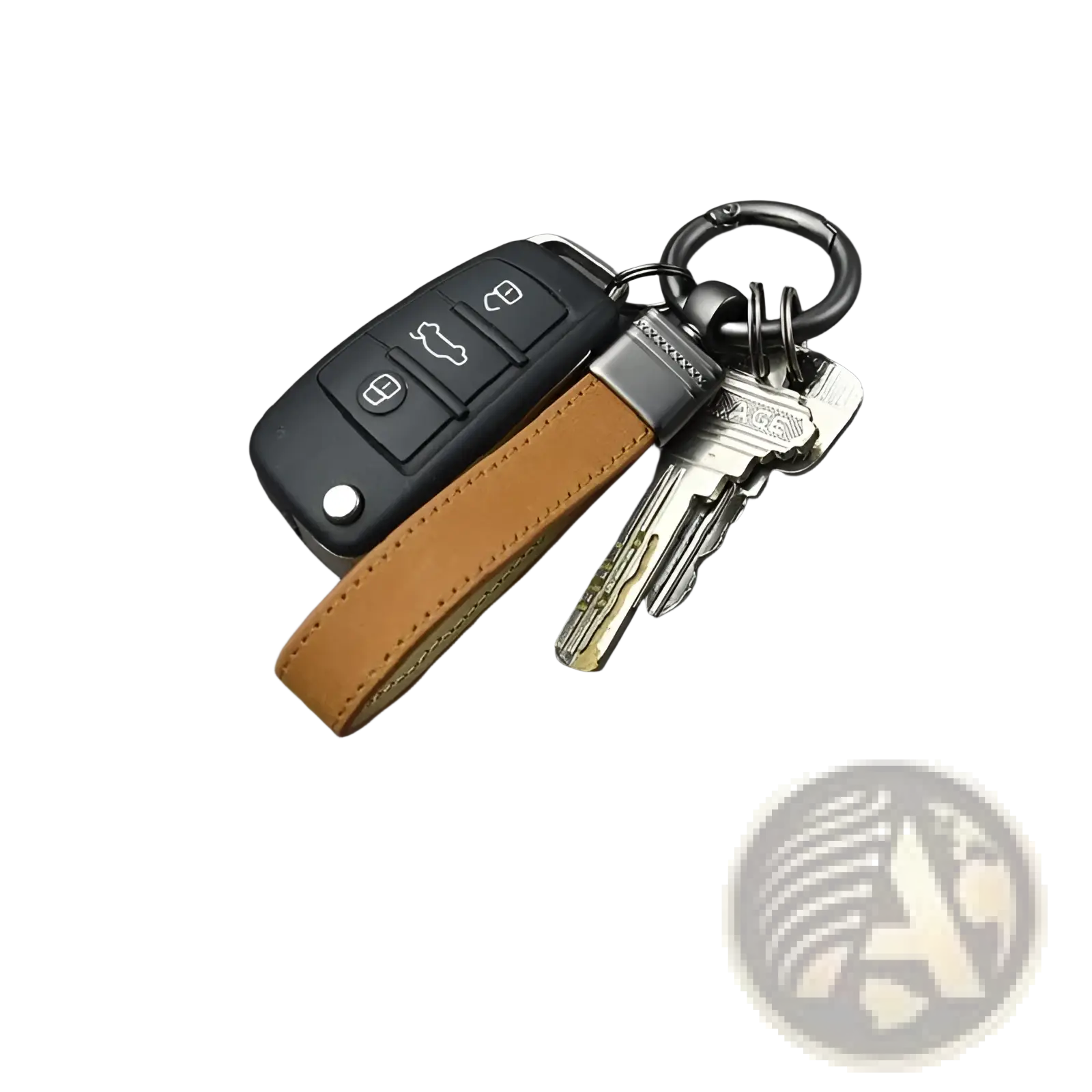 Tan leather keychain with a silver metal clasp attached to a black car remote and multiple keys from a multicolor set