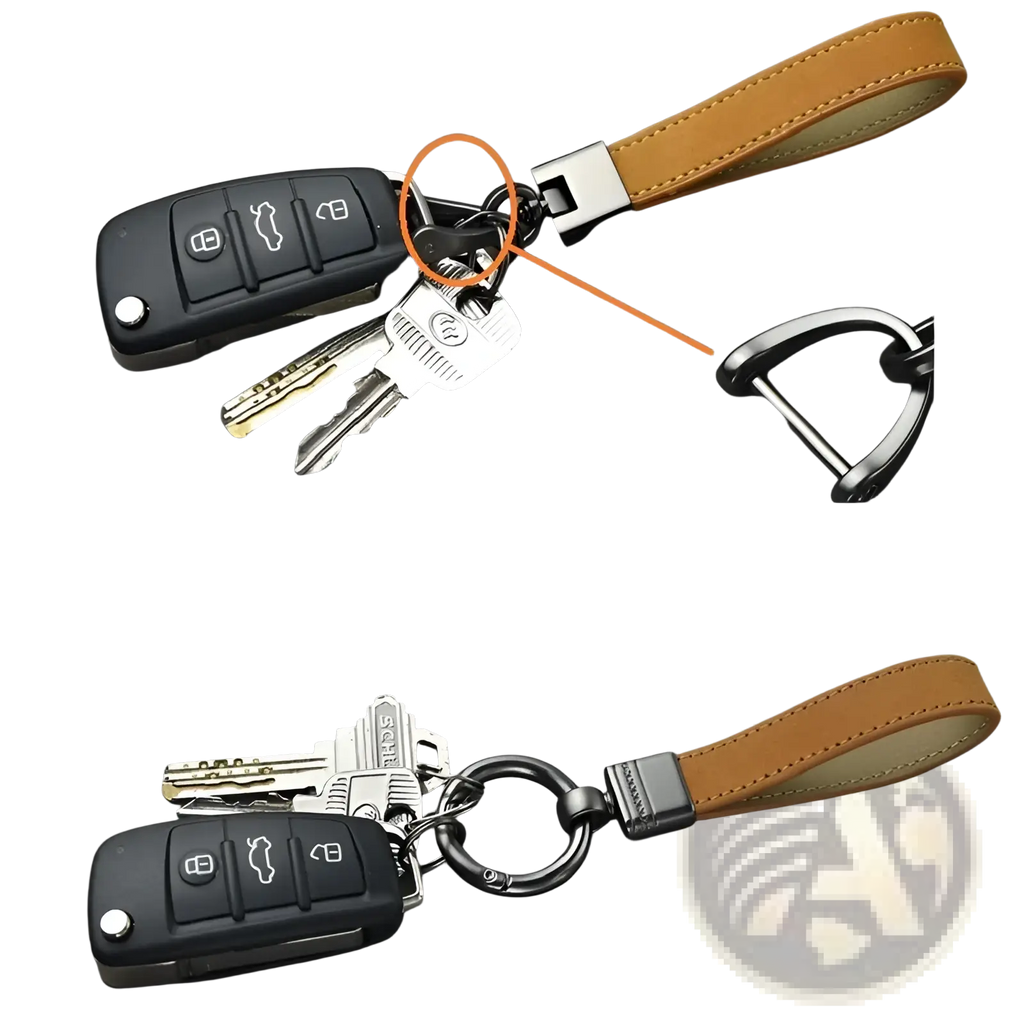 Tan leather keychain with silver metal clasp attached to audi car key fob from leather keychains set multicolor metal clasp