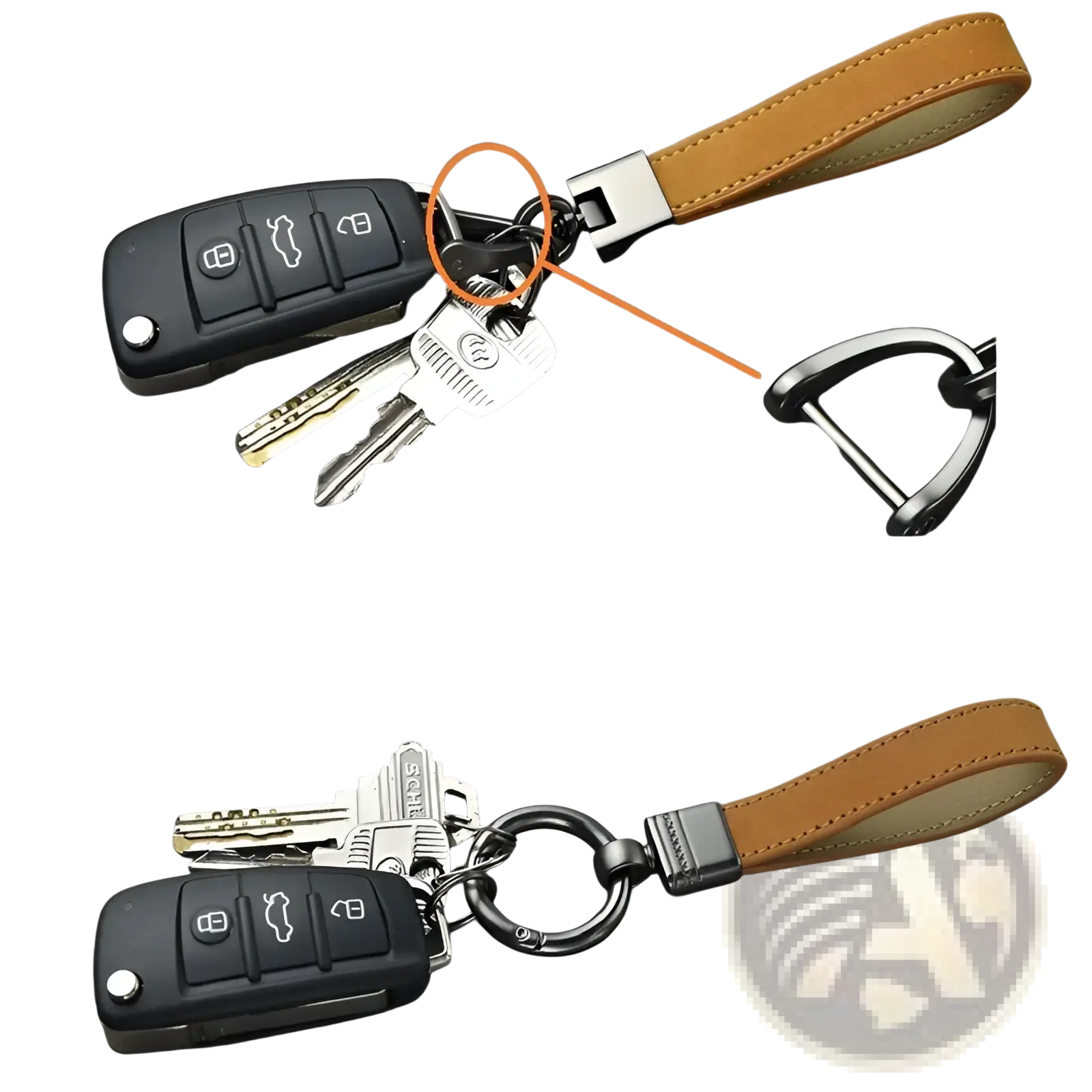 Tan leather keychain with silver metal clasp attached to audi car key fob from leather keychains set multicolor metal clasp