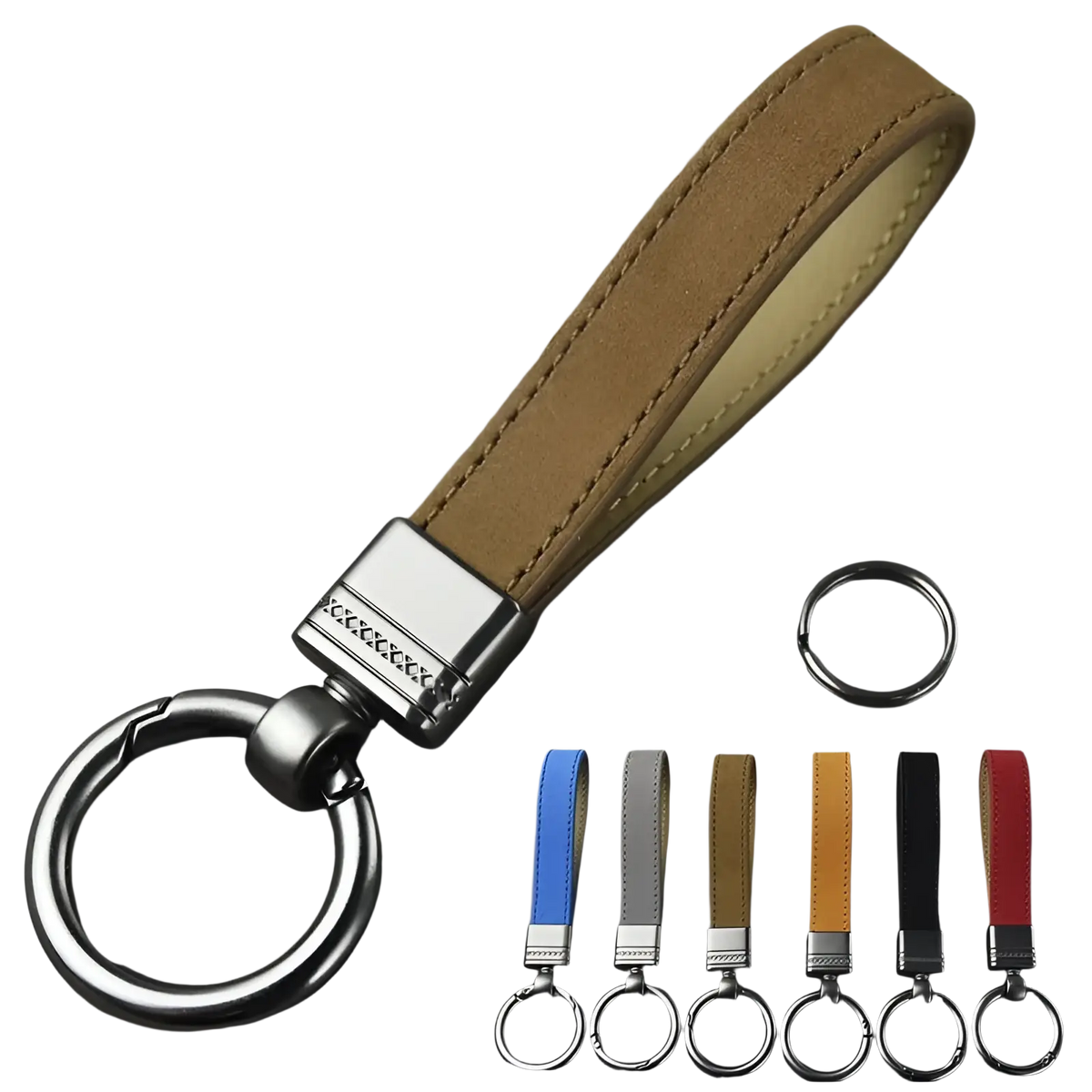 Tan suede leather keychain with silver metal clasp and ring from a multicolor leather keychains set