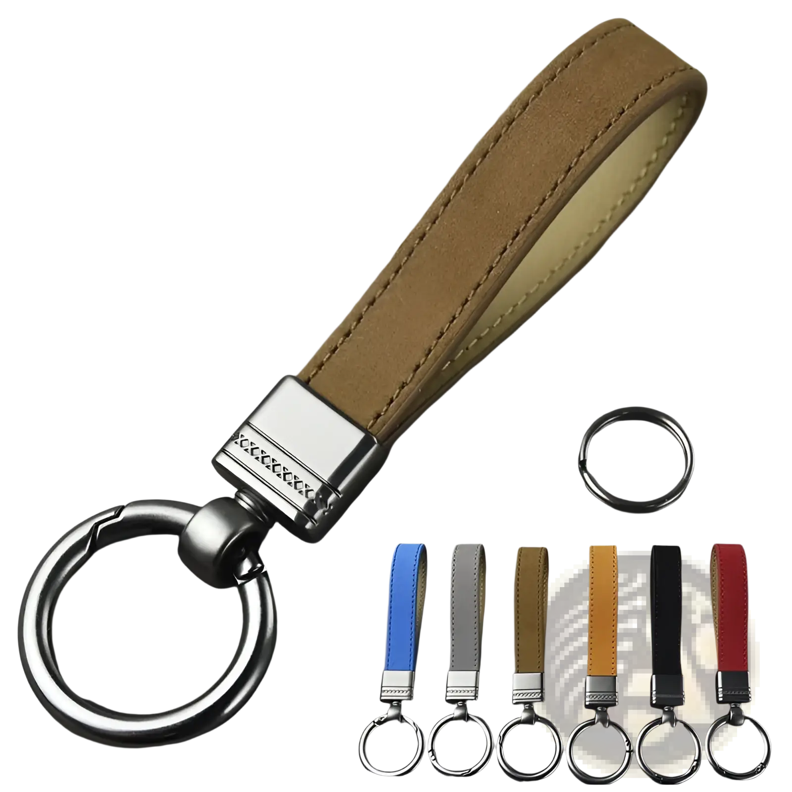 Tan suede leather keychain with silver metal clasp and ring from a multicolor leather keychains set