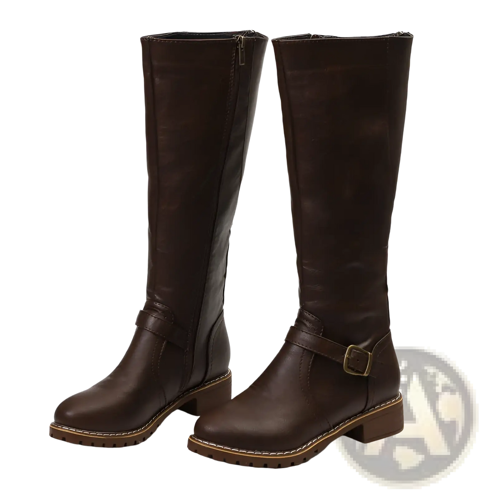 Dark brown leather knee high boots with buckle strap and low block heel for warm knight style wear