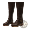 Dark brown leather knee high boots with buckle strap and low block heel for warm knight style wear