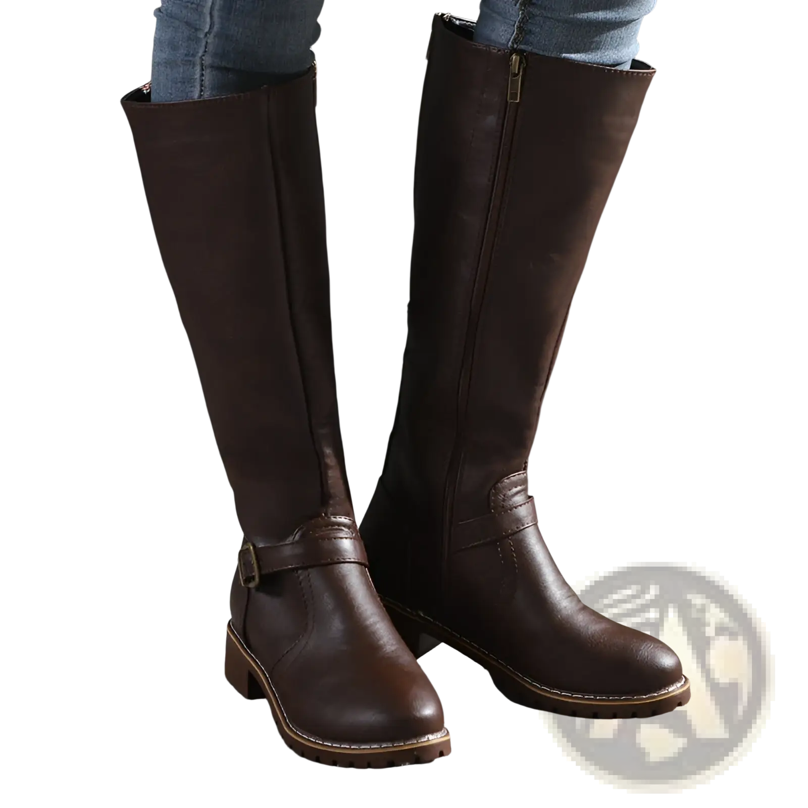 Brown leather knee-high boots with buckle strap and low block heel for warm knight style wear