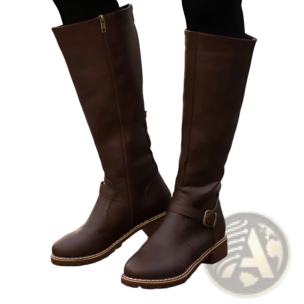 Brown leather knee high buckle strap warm knight boots with stitched detailing for stylish winter wear