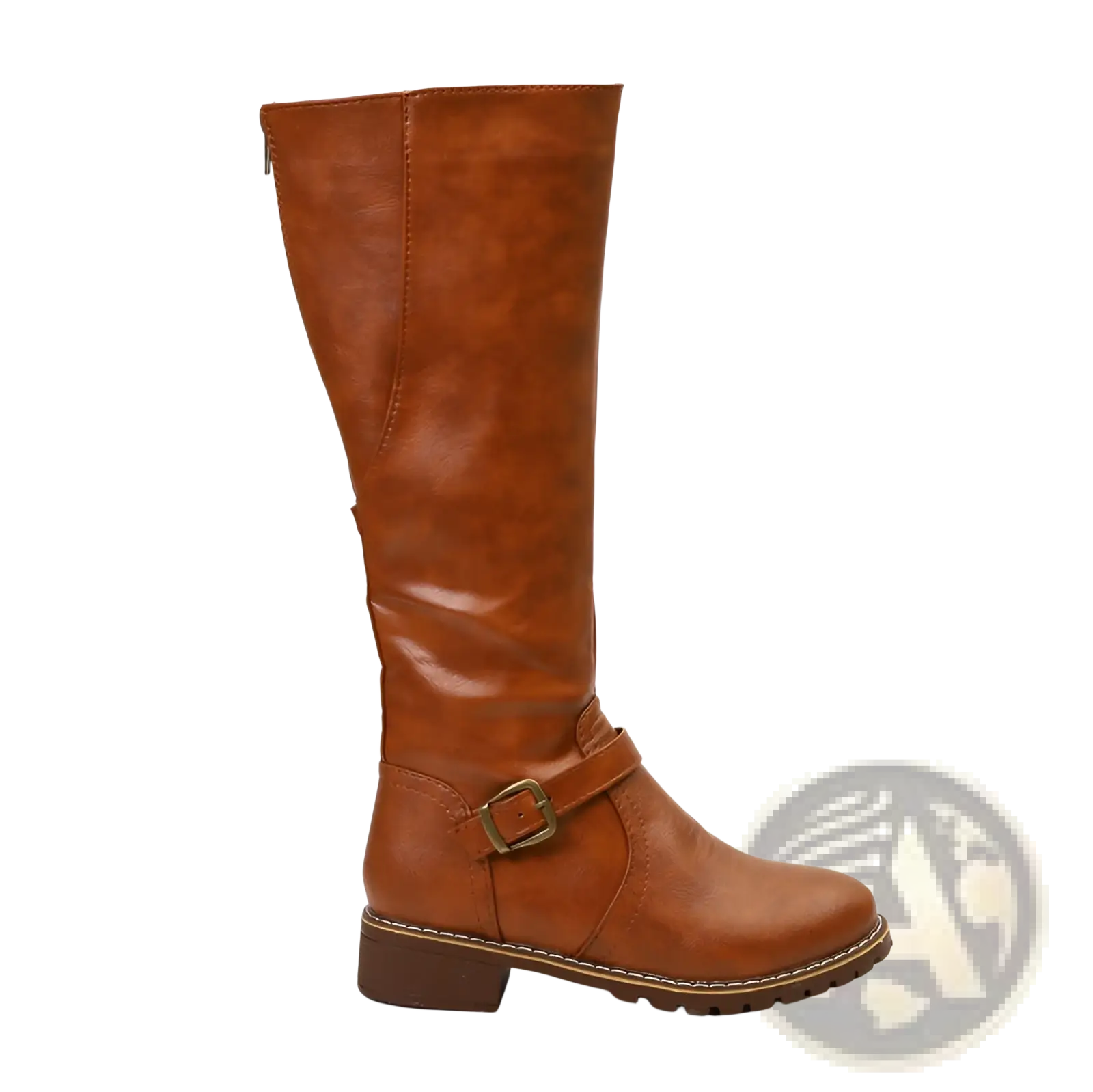 Tan faux leather knee high boots with buckle strap and low block heel designed for warmth and style