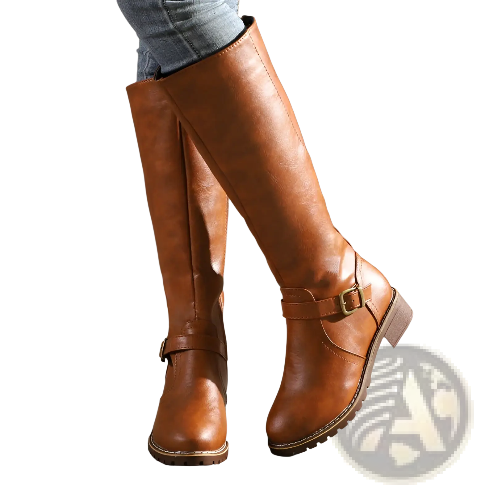 Brown leather knee high boots with a buckle strap and low block heel designed for warmth and style