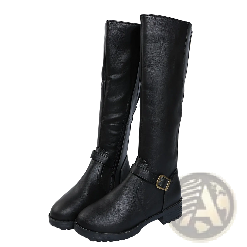 Black leather knee high knight boots with gold buckle strap and textured soles for stylish durable wear