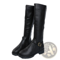 Black leather knee high knight boots with gold buckle strap and textured soles for stylish durable wear
