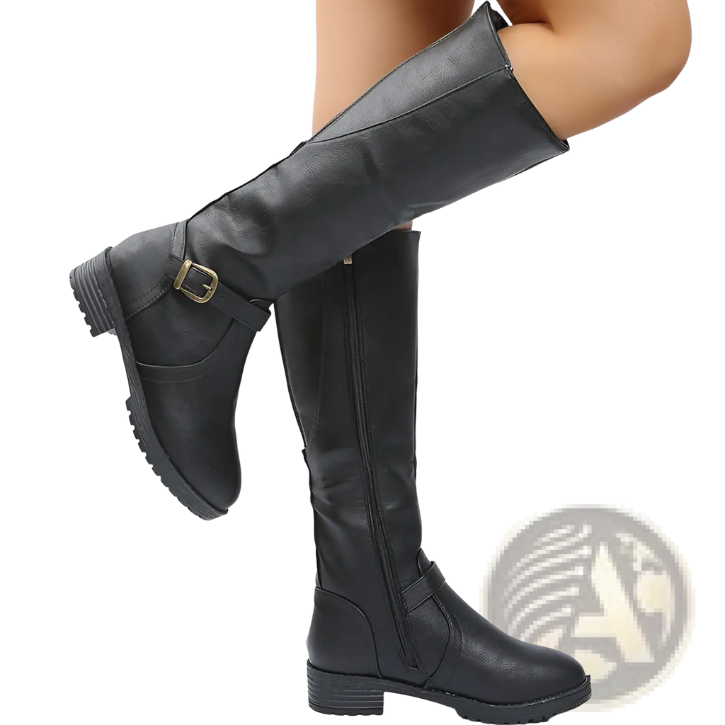 Leather knee high knight boots in black matte leather with gold buckle straps and a chunky rubber sole