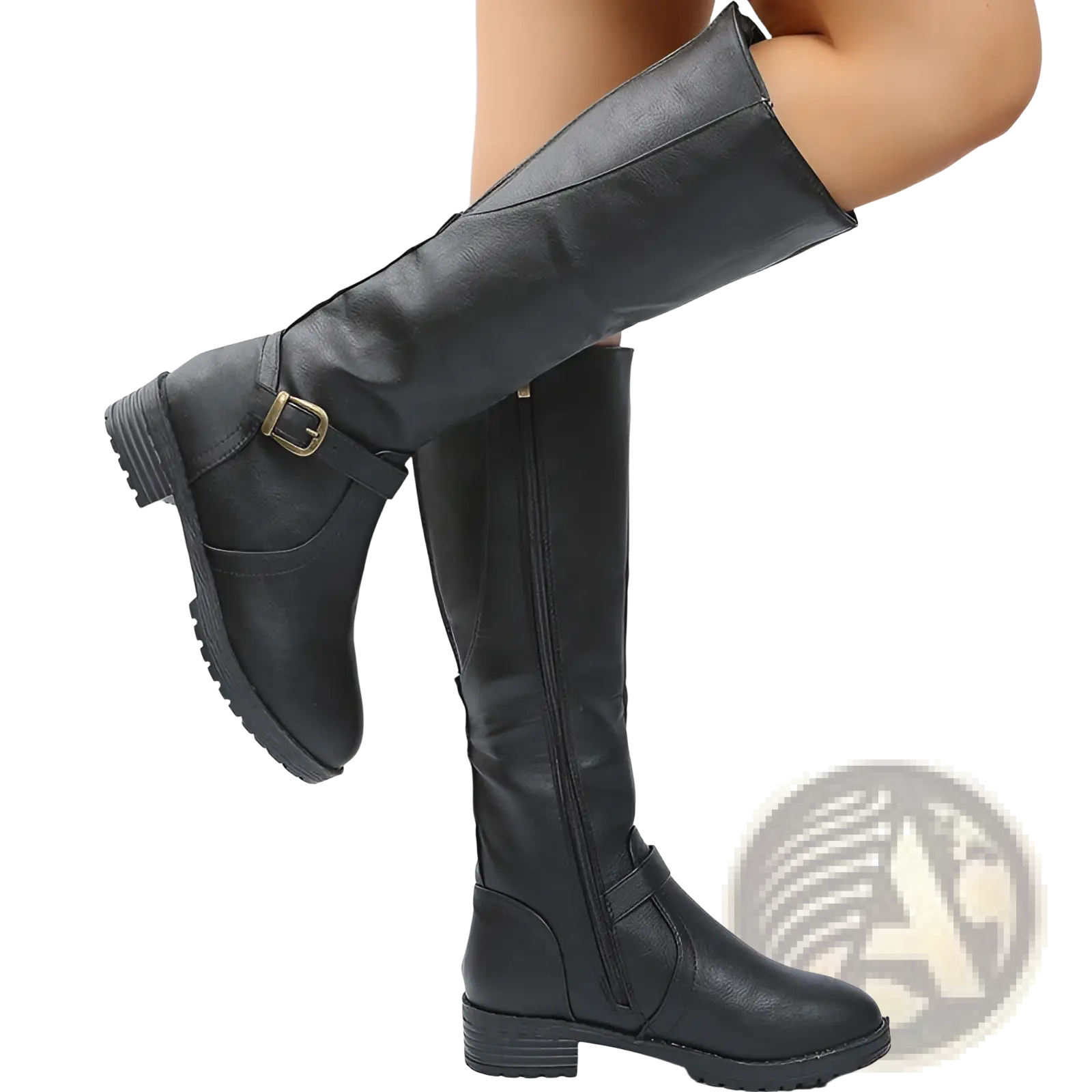 Leather knee high knight boots in black matte leather with gold buckle straps and a chunky rubber sole