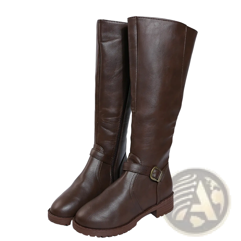 Leather knee high knight boots in brown with buckle strap and chunky sole made of leather material