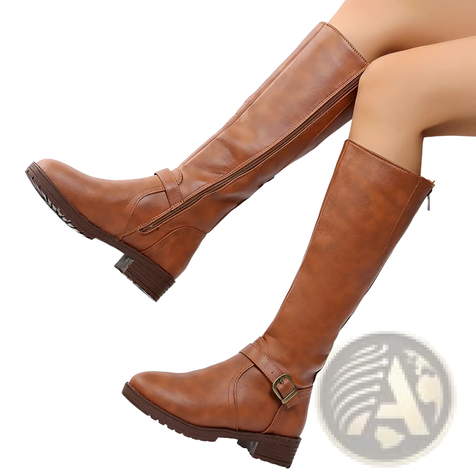 Brown leather knee high knight boots with buckle strap and zipper closure for stylish and secure wear