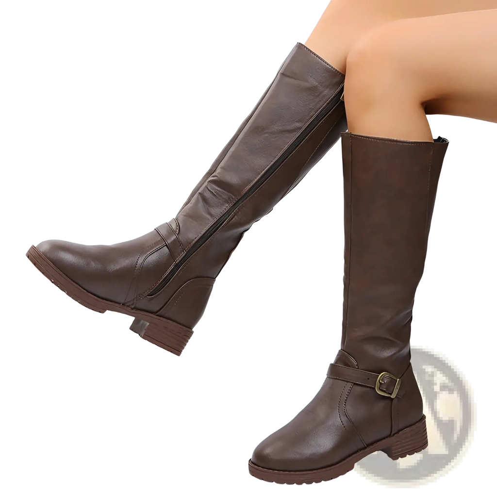 Brown leather knee high knight boots with buckle strap and low block heel shown from the front side