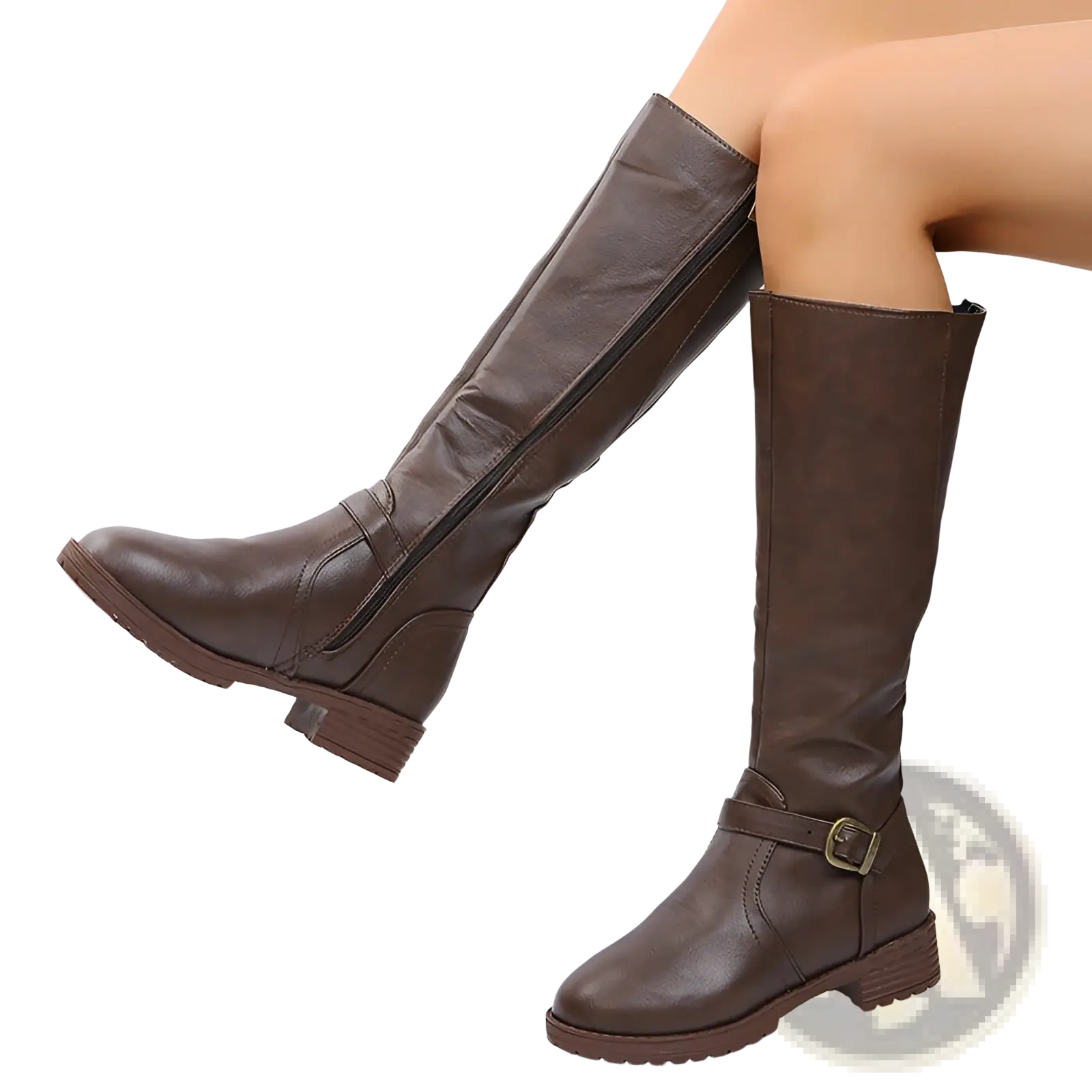 Brown leather knee high knight boots with buckle strap and low block heel shown from the front side