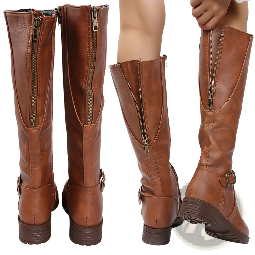 Leather knee high knight boots in brown with side zipper and ankle buckle strap made of genuine leather