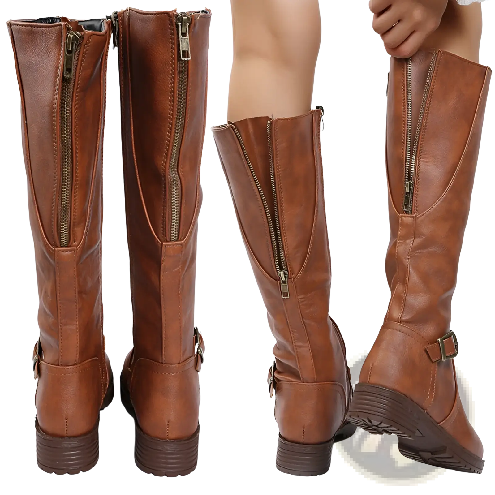 Leather knee high knight boots in brown with side zipper and ankle buckle strap made of genuine leather