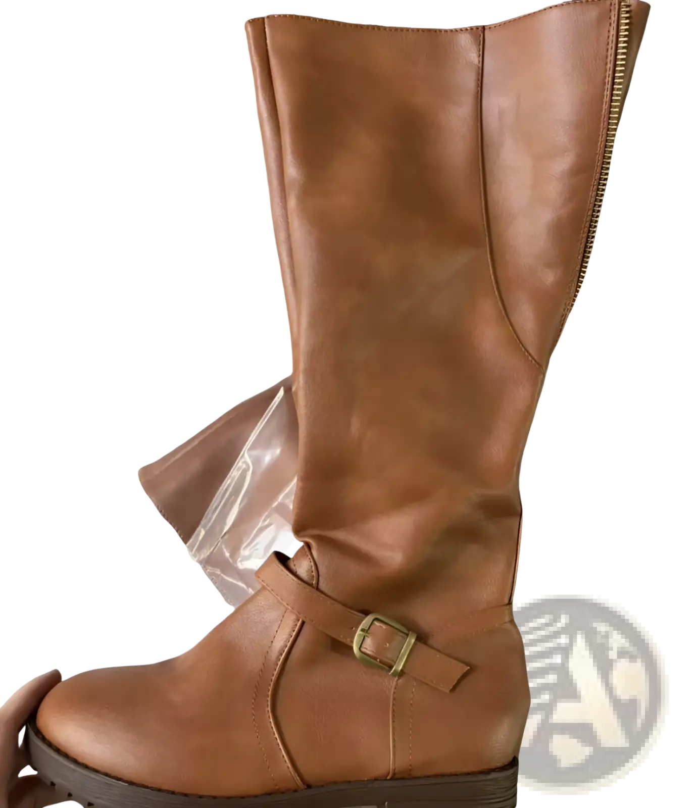 Back view of tan leather knee high knight boot with gold buckle strap and zipper on the back