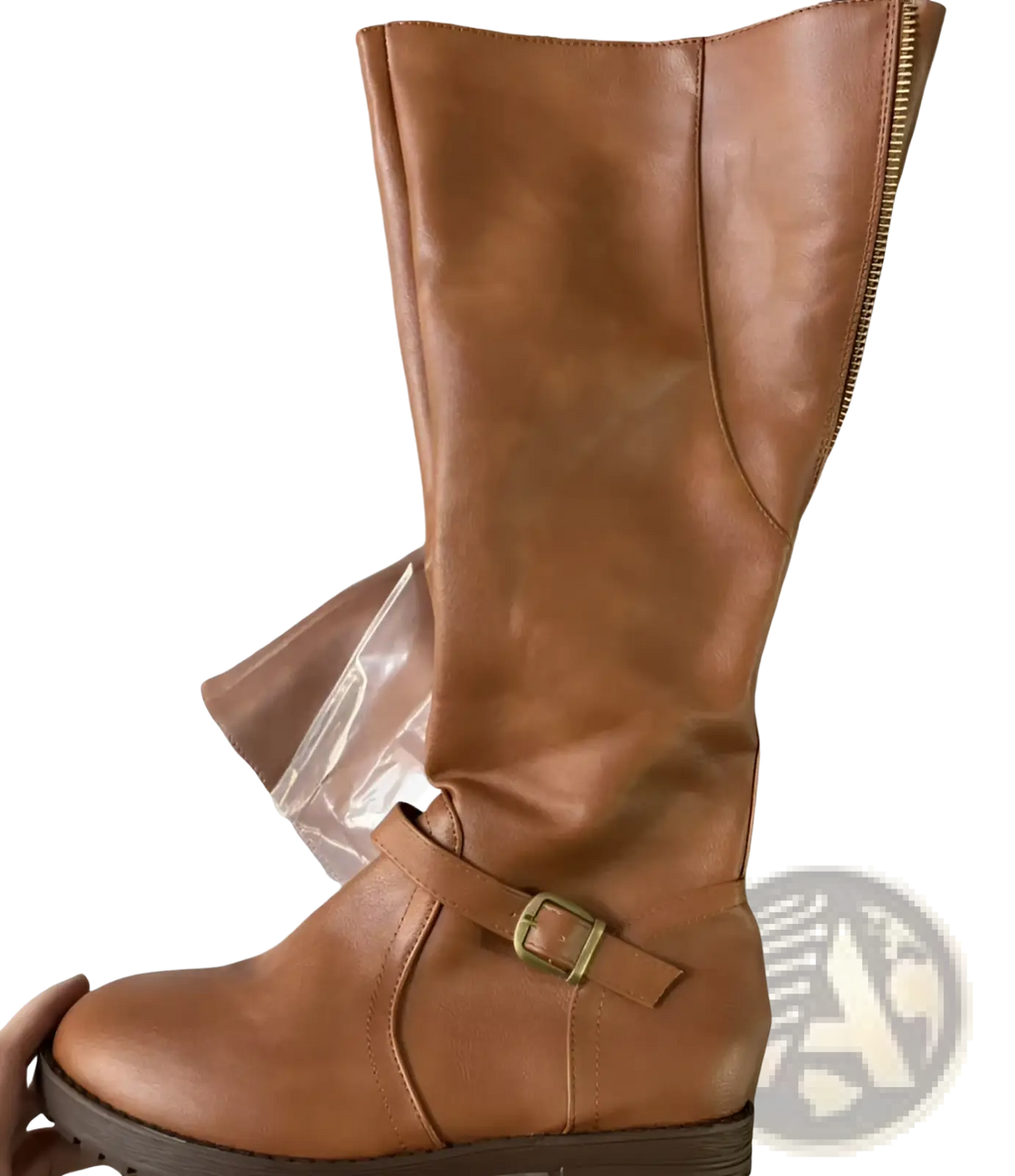 Back view of tan leather knee high knight boot with gold buckle strap and zipper on the back