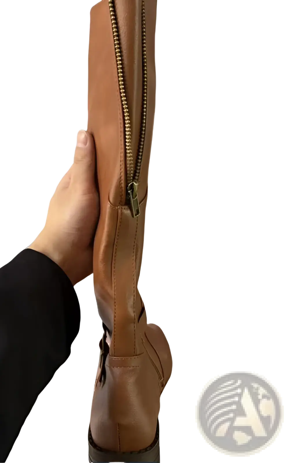 Tan leather over-the-knee knight boots with a gold-toned side zipper and buckle strap detail