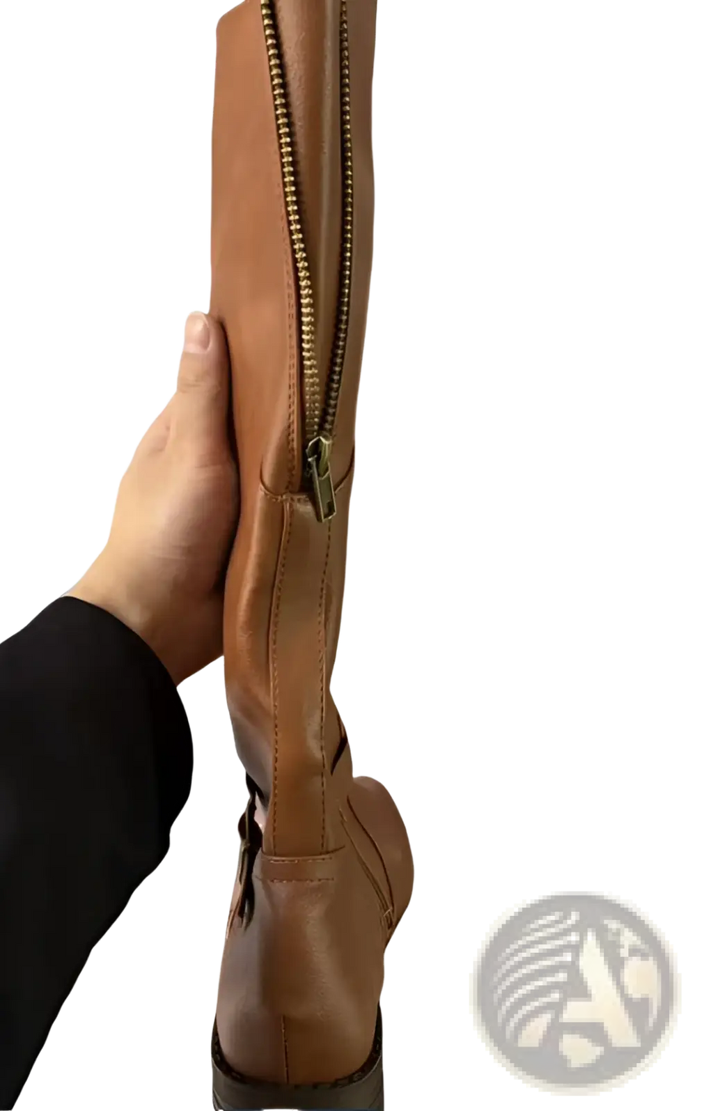 Tan leather over-the-knee knight boots with a gold-toned side zipper and buckle strap detail
