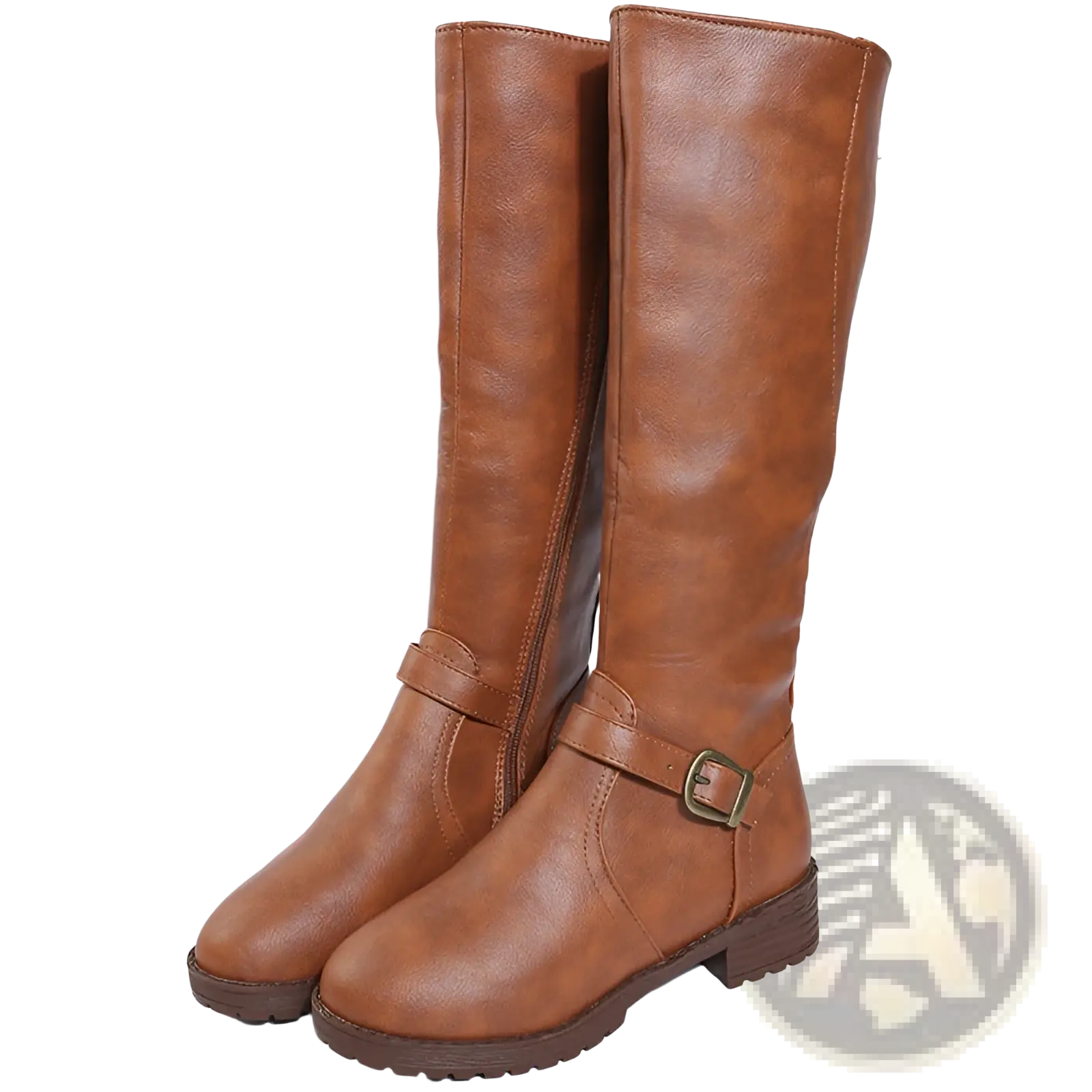 Brown leather knee high knight boots with buckle strap and low block heel shown from the back side