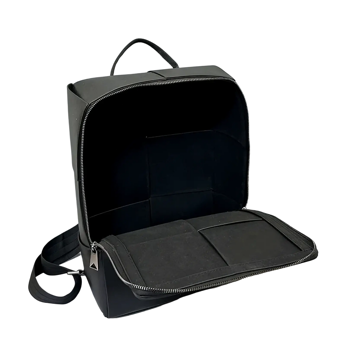 Black leather laptop backpack for men with a structured rectangular shape zippers and internal compartments