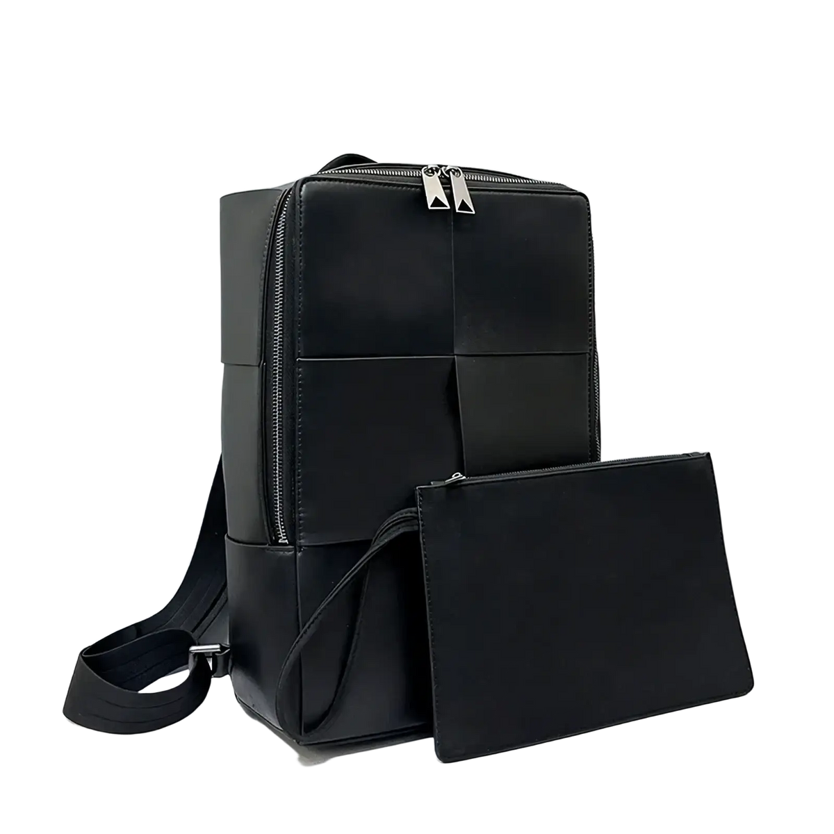 Black leather laptop backpack for men with geometric paneling and silver-toned triangular zipper pulls