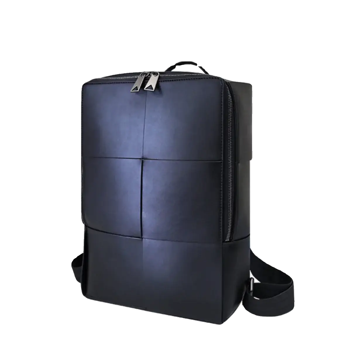 Black leather laptop backpack for men with structured quilted design and silver toned zippers