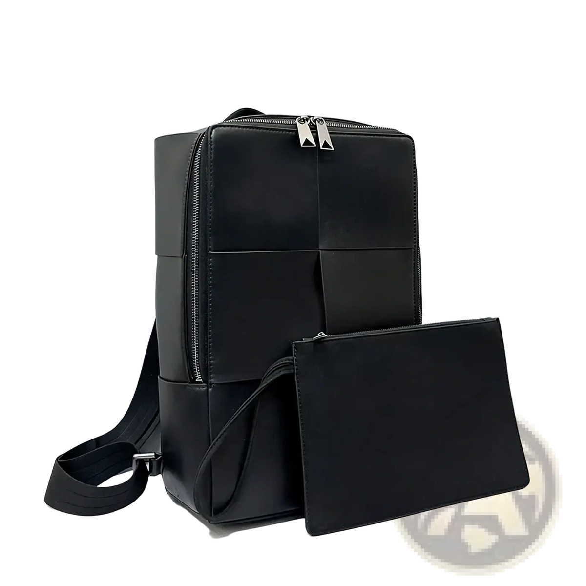 Black leather laptop backpack for men with geometric paneling and silver-toned triangular zipper pulls