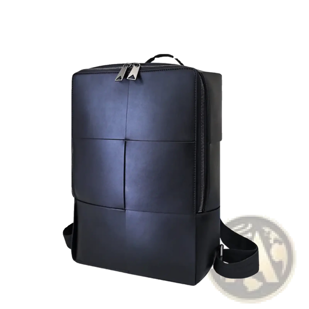 Black leather laptop backpack for men with structured quilted design and silver toned zippers