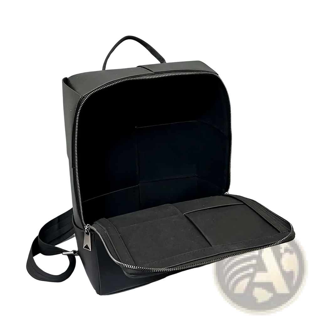 Black leather laptop backpack for men with a structured rectangular shape zippers and internal compartments