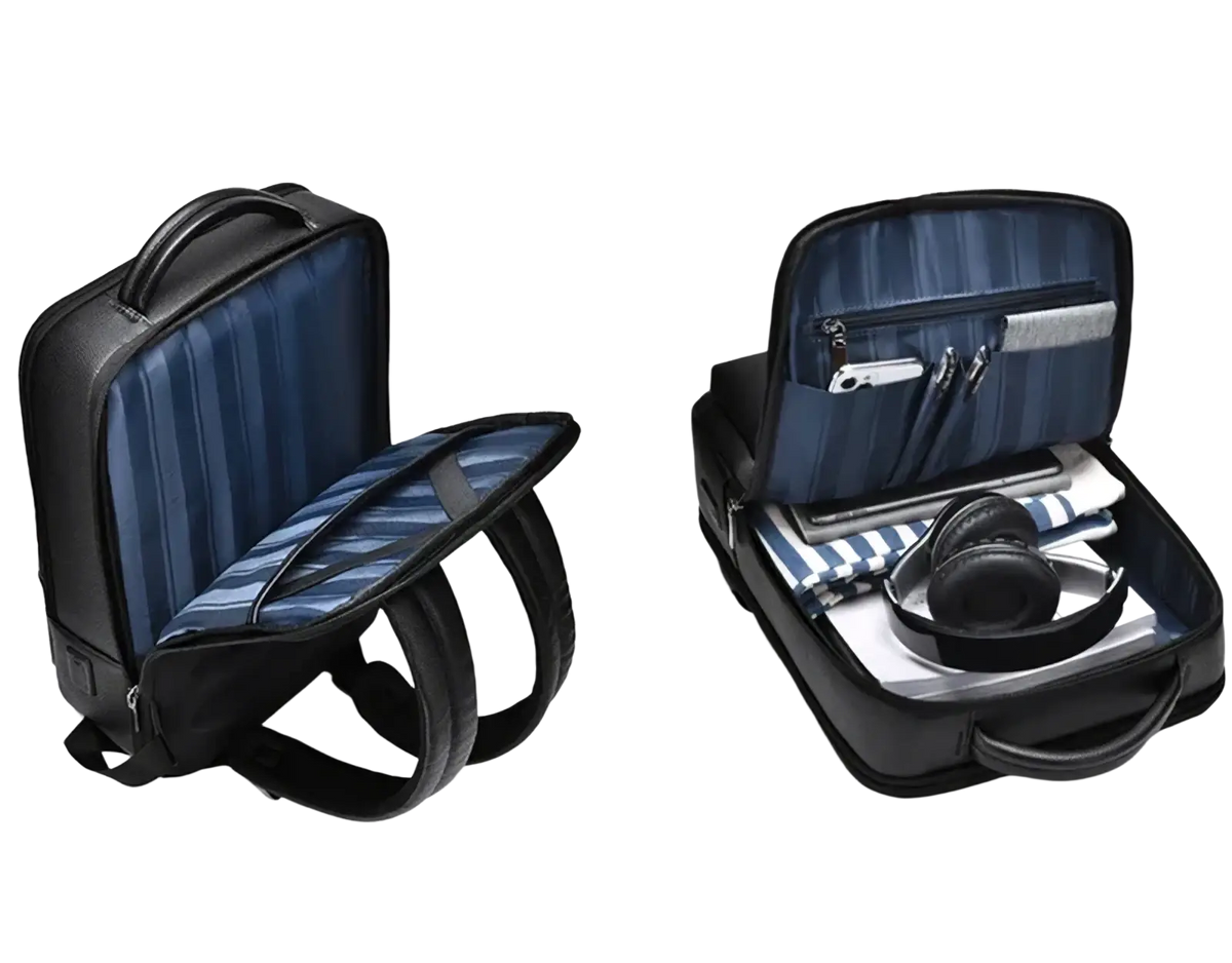 Black leather laptop backpack with usb charging and blue striped interior lining for organized business use