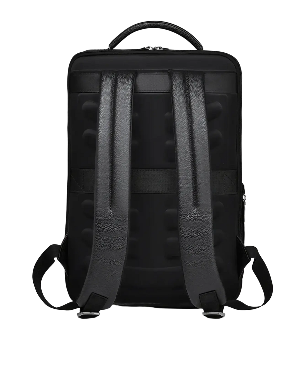 Black leather laptop backpack with padded textured straps and top handle for business and usb charging use back view