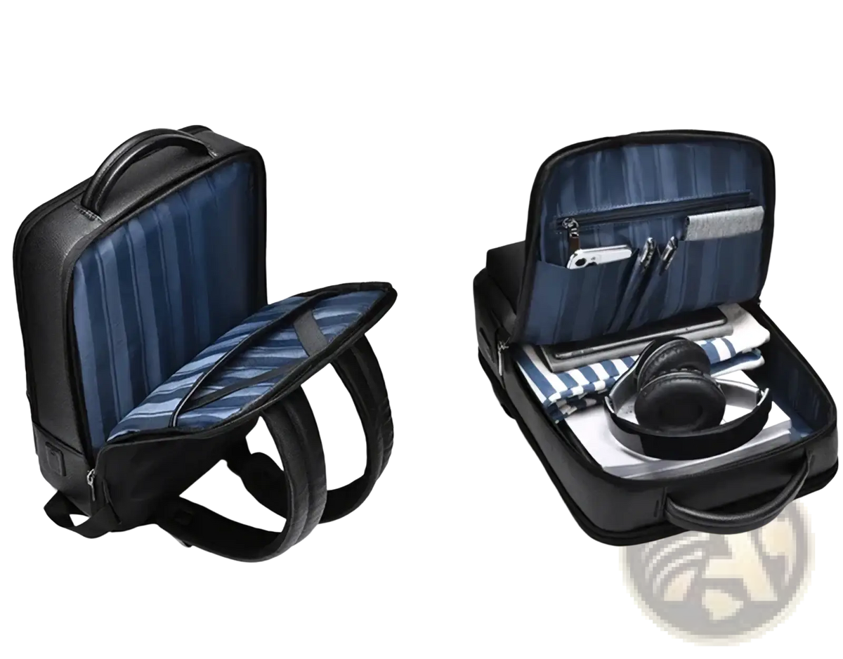 Black leather laptop backpack with usb charging and blue striped interior lining for organized business use
