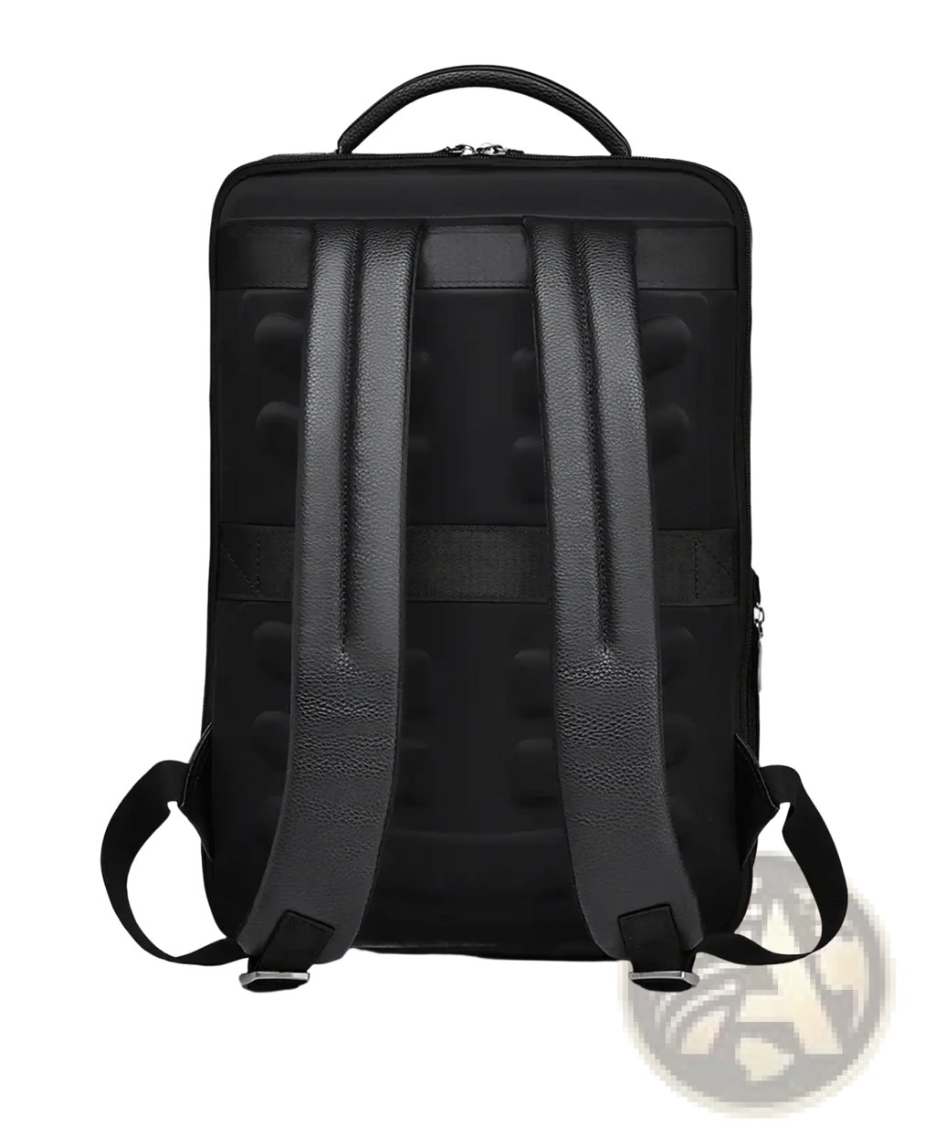 Black leather laptop backpack with padded textured straps and top handle for business and usb charging use back view